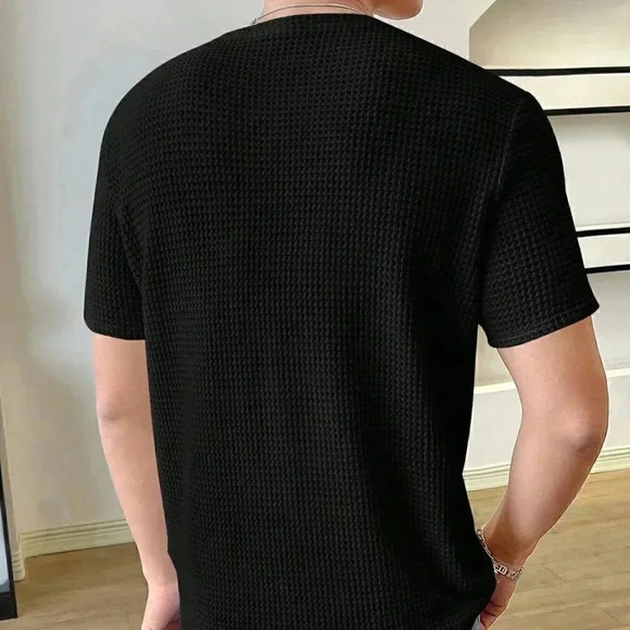 Black Preppy Mens Solid Waffle Knit Tee - Picture 2 of 5